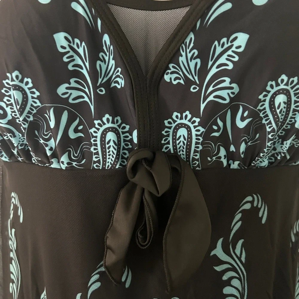 Women's One-Piece Mesh Padded Black Teal Paisley Swim Dress Swimwear 4XL - Picture 3 of 9